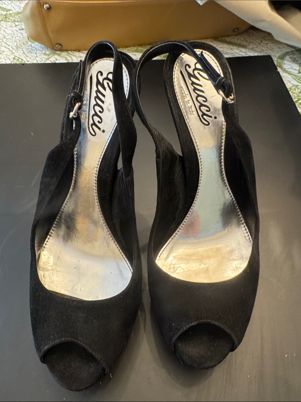 Gucci Black Peep-Toe Slingback Heels